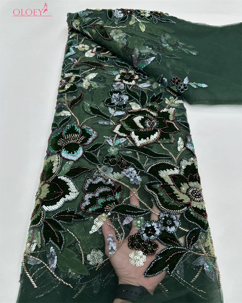 OLOEY Luxury Velvet Lace Fabric Beaded High Quality Nigerian Beaded Lace Fabric Fashion Sequins African Laces Fabric For
