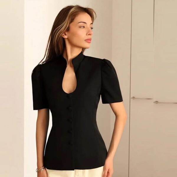 Fashion Women's Stand Collar Blazer Short Sleeve Button Puff Sleeves Solid Lady Top 2025 Summer Autumn Elegant Female Coat